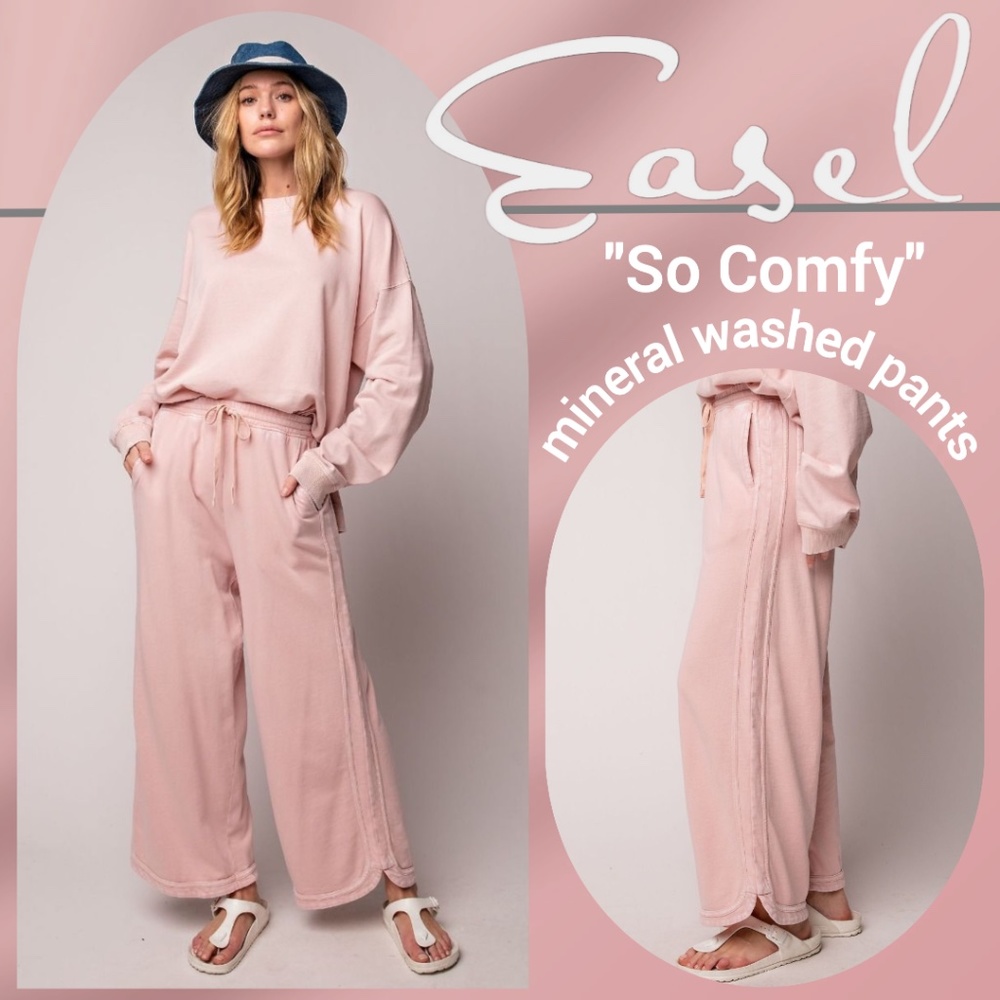 EASEL "So Comfy" Mineral Wash Wide Leg Pants Stitch Detail @ Sides, Scooped Hems